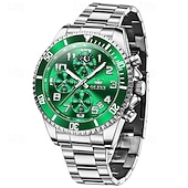 economico Orologi al quarzo-Orologio cronografo da uomo Olevs di lusso con quadrante verde, bicolore in acciaio inossidabile, fasi lunari, impermeabile, luminoso, analogico al quarzo, orologio da polso da uomo con quadrante