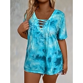  Women's T Shirt Tee Drawstring Graphic Tie Dye Bohemia Vintage Tropical Short Sleeve Asymmetrical V Neck Regular Tops Casual Daily Beach Blue Black Summer Spring Fall Winter