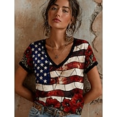  día de la independencia americana Mujer Camiseta Estampado Floral Graphic Letra Elegante Clásico Casual Manga Corta Escote en Pico Tops regulares Casual Diario Azul Piscina Negro Rojo Azul Marino