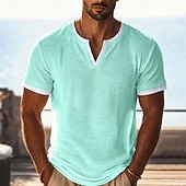 cheap Cotton Linen T-shirts-Men's Linen T-Shirt Short Sleeve V Neck Spring &amp; Summer Summer Spring Solid Color Plain Vintage Bohemian Casual Color Block Fake two piece Plain Casual Vacation Street Black Light Green Light Blue