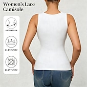 baratos Tanque Simples-Mulheres Top de emenda de renda Tanque Estriado Côr Sólida à moda Sem Manga Correias Decote V Tops regulares Casual Esportes Para Noite Preto Branco Cinzento Verão