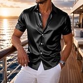 economico Camicie in raso da uomo-Per uomo Camicia Camicia in raso Camicia elegante Camicia con Bottoni Matrimonio Formale Blu chiaro Nero Bianco Vino Manica Corta Collo ripiegato Estate Abbigliamento Classico
