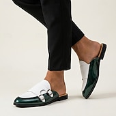 billiga Herrtofflor och träskor-Herr vita och gröna dubbelmunk-loafers med slip-on-detaljer, eleganta uttalandeskor för snygga män, bröllop, banketter, fester och kvällskläder