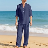 economico Camicie di lino-Per uomo Due pezzi Camicia popover Set Camicia E Pantaloni Impostare Semplice Casuale Quotidiano Vacanza Scollo a V Manica Lunga Estate Primavera Moda Casual Confortevole Abbigliamento