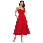 baratos Vestidos-Anos 50 Retro Vintage Até o Tornozelo Vestidos Vestido swing Alças Finas Côr Sólida Justo &amp; Evasê Balanço Fantasia Mulheres Dia dos namorados Festa de Chá Casual / Diário Adulto Vestido Verão
