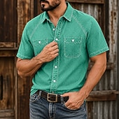 baratos Men's Work Shirts-SoftFade™ Men's Shirt Casual Shirt Acid Wash Shirt Garment Dyed Black Light Green Blue Purple Green Short Sleeve Plain Shirt Collar Casual Daily Clothing Apparel Elegant Fashion Casual
