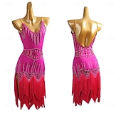 abordables vestido de competición-Latin Dance Dress Rhinestone Tassel Splicing Women's Party Performance Sleeveless Salsa Rumba Competition Costume