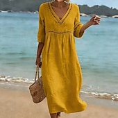 cheap Plain Dress-Women's Long Dress Maxi Dress Sundress Elegant Vacation Beach Holiday Loose Fit Solid Color Half Sleeve V Neck Light Blue Denim Blue turmeric off white Summer Spring