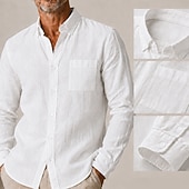 voordelige Klassiek-Heren linnen overhemd met knoopsluiting en button-down kraag, casual, geschikt voor dagelijks gebruik en formele gelegenheden, lange mouwen met zak, lente &amp;zomerkleding