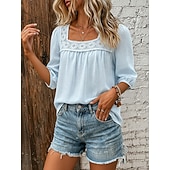  Mulheres Camisas com toque de linho Blusa Guarnição do laço Côr Sólida Diário à moda Básico Manga 3/4 Decote Quadrado Tops regulares Casual Diário Azul Branco Rosa Azul Marinha Verde Verão Primavera