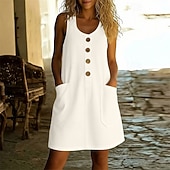  Women's Vintage Holiday 100% Cotton Knee Length Dress  Regular Fit Plain Sleeveless U Neck off white Black White Pink Spring