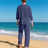economico Camicie di lino-Per uomo Due pezzi Camicia popover Set Camicia E Pantaloni Impostare Semplice Casuale Quotidiano Vacanza Scollo a V Manica Lunga Estate Primavera Moda Casual Confortevole Abbigliamento