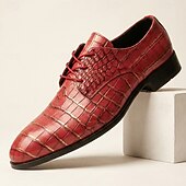 cheap Derby Shoes-Men's Red Crocodile-Embossed Oxford Dress Shoes, Lace-Up Formal Business Shoes for Gentlemen, Wedding, Party, Banquet and Office Occasions