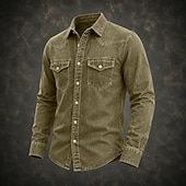 baratos Camisas de trabalho masculinas-Camisa masculina Softfade™, estilo cargo, lavagem ácida, tingida em preto, bordô, verde, azul claro, manga longa, lisa, gola, casual, para uso diário, com bolso frontal, elegante e moderna.
