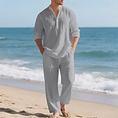 economico Camicie di lino-Per uomo Due pezzi Camicia popover Set Camicia E Pantaloni Impostare Semplice Casuale Quotidiano Vacanza Scollo a V Manica Lunga Estate Primavera Moda Casual Confortevole Abbigliamento