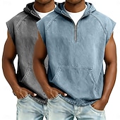economico Canotte da palestra-softfade™ canotta da uomo 2 pezzi top gilet top in denim camicia lavaggio acido senza maniche cappuccio zip estate primavera semplice capo basic tinto cappuccio casual vacanza strada nero kaki top