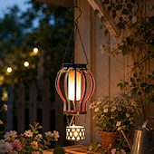 זול אורות נתיבים ופנסים-Outdoor Solar Hanging Lantern, Waterproof Metal Hot Air Balloon Decor with Flickering Flame LED, Patio Garden Porch Tree Balcony Fence Party Wedding Ambient Lighting