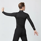 abordables Hauts &amp; Ensembles-Chemise noire de danse latine pour homme - Haut de scène à manches longues et coupe ajustée - Détails en satin - Costume salsa/tango/cha-cha