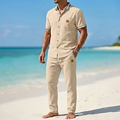  Herren Hemd Leinenhemd Sommerhemd Strandhemd Einfach Lässig Täglich Blau Schwarz Marineblau Khaki Kurzarm Kragen Sommer Frühling Bekleidung Patchwork