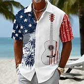 Men's 4th of July U.S. 250th Anniversary Guitar American Flag Shirt Summer Shirt Tropical Shirts Short Sleeve Patriotic Vacation Holiday Summer Spring Turndown 3D Print Button Up Shirts Blue Dark