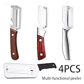 abordables Utensilios para frutas y verduras-Juego de 3/4 cuchillos peladores de acero inoxidable con mango de madera, cuchillo multifuncional para pelar frutas y verduras, ideal para caña de azúcar, patatas, manzanas y para cortar en la cocina.