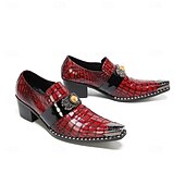 voordelige Mocassins de couro premium-Men's Red Croc-Embossed Strap Dress Shoes Pointed-Toe Statement Formal Footwear for Stylish Men, Weddings, Banquets, Parties and Stage Events