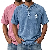billige Casual Henley Tee-SoftFade™ Men's 2-PCS Coconut Tree T Shirt Demin Shirt 100% Cotton Acid Wash Shirt Short Sleeve Vintage Streetwear Casual Home Street Summer Spring Black Light Green Light Blue Stand
