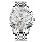 preiswerte Mechanische Uhren-Luxuriöse, automatische Herrenuhr, zweifarbiges Edelstahlgehäuse, blaues Zifferblatt im Skelett-Tourbillon-Stil, selbstaufziehende Business-Armbanduhr mit Großdatum, 24-Stunden-Anzeige, wasserdicht
