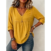  Femmes Chemise Couleur Unie Uni Bohème Vacances ancien Col en V Hauts Longs Occasionnel Bleu Blanche Noir Jaune Rose Claire Été Printemps