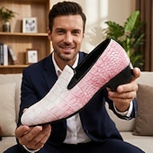 halpa Loafers-Miesten valkoiset ja pinkit krokotiilikuvioiset muuli-loaferit, muodikkaat juhlakengät, elegantit ja näyttävät kengät häävieraille, banketeille, juhliin, vanhojentansseihin ja iltatilaisuuksiin