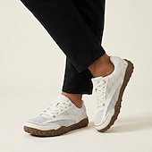 baratos Sapatos Casuais com Cadarço-Tênis masculino branco minimalista - modelo com biqueira larga e ajuste amplo em mesh - leve e respirável, ideal para caminhadas, viagens, uso diário e atividades casuais ao ar livre.