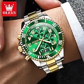 economico Orologi al quarzo-Orologio cronografo da uomo Olevs di lusso con quadrante verde, bicolore in acciaio inossidabile, fasi lunari, impermeabile, luminoso, analogico al quarzo, orologio da polso da uomo con quadrante