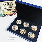  Conjunto de 6 moedas comemorativas do 250º aniversário dos EUA em caixa de presente, moedas patrióticas para colecionadores de 1776 a 2026, lembrança do Dia da Independência, moedas históricas