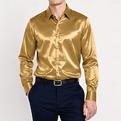 cheap Men's Satin Shirts-Men's Shirt Satin Shirt Dress Shirt Button Up Shirt Prom Shirt Gradient Wedding Formal Blue Silver Black Yellow Long Sleeve Turndown Spring All Seasons Clothing Apparel Plain