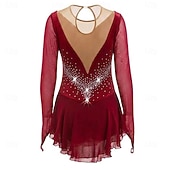 cheap Figure Skating Dresses-Figure Skating Dress Women's Ice Skating Dress Burgundy Patchwork Thumbhole Stretchy Training Competition Skating Wear Classic Crystal / Rhinestone Long Sleeve Ice Skating Figure Skating