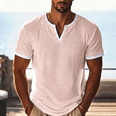 cheap Cotton Linen T-shirts-Men's Linen T-Shirt Short Sleeve V Neck Spring &amp; Summer Summer Spring Solid Color Plain Vintage Bohemian Casual Color Block Fake two piece Plain Casual Vacation Street Black Light Green Light Blue