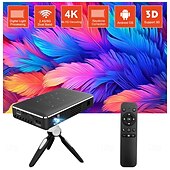 abordables Projecteurs-Mini projecteur DLP intelligent sous Android, décodage 4K HD, compatible 3D, projecteur de poche portable avec Wi-Fi 5 GHz et Bluetooth, correction trapézoïdale, commande tactile, trépied et