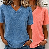  softfade™ Juego de 2 camisetas vintage para mujer, 100 % algodón - Top básico de manga corta con cuello en V, lavado suave