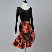 cheap Competition Dress-Leopard Print Latin Dance Dress - Long Mesh Sleeve Performance Wear  Orange &amp; Black Salsa Samba Competition