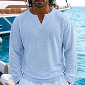 お買い得  コットンリネンTシャツ-男性用 リネンTシャツ 長袖 Ｖネック ノッチ 春夏 夏 春 純色 平織り ヴィンテージ ボヘミアンスタイル カジュアル シースルー スリット カジュアル バケーション ストリート ブラック ホワイト ライトグリーン メンズトップTシャツ