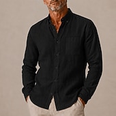 abordables Clásico-Camisa de lino para hombre, con botones en el cuello, estilo casual, para uso diario o eventos formales, manga larga con bolsillo, primavera. &amp;prendas de vestir de verano