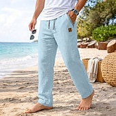 cheap Holiday-Men's Linen Pants Trousers Summer Pants Baggy Pants Drawstring Elastic Waist Straight Leg Plain Comfort Breathable Full Length Casual Daily Beach Vacation Fashion Blue Black Inelastic