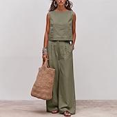 preiswerte Sets-Damen Baumwoll-Leinen-Sets Ärmellos Rundhals Einfach Marineblau Kaki Militßrgrün Sommer Lässiger Schnitt