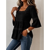 abordables Chemises-Haut classique en coton et lin pour femme, élégant, à empiècements de dentelle et volants superposés, manches 3/4, col carré, coupe droite, idéal pour un look décontracté au quotidien. Disponible en