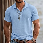baratos Polo Clássico Masculino-Homens Camisa de linho Camisas Polo Casual Férias Clássico Manga Curta Férias Moda Tecido Textura Botões Verão Primavera Normal Azul Céu Preto Rosa Verde Azul Claro Camisa de linho