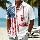  Herren 250. Jubiläums Patriotic Gitarre Amerikanische Flagge Knopfleistenhemd Kurzarm Knopfleiste Sommer Urlaubsoberteil