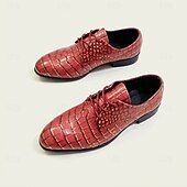 cheap Derby Shoes-Men's Red Crocodile-Embossed Oxford Dress Shoes, Lace-Up Formal Business Shoes for Gentlemen, Wedding, Party, Banquet and Office Occasions
