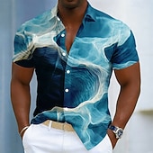 cheap Geometric Pattern-Men's Geometric Marble Abstract Liquid Art Shirt Button Up Shirt Short Sleeve Fashion Casual Daily Beach Vacation Wear Summer Spring Turndown 3D Print Linen Like Shirt Blue White