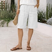 cheap Pants-Women's Cotton Linen Shorts Bermuda Shorts Shorts Baggy Shorts Vacation Vintage Fashion Knee Length Low Waist Solid Color Plain Pocket Elastic Waistband Comfort Soft Breathable Inelastic Streetwear