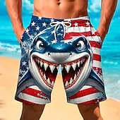  4th of July 2026 250th Men's Shark American Flag Swim Trunks Bathing Suits Swim Shorts Board Shorts Mid Waist Patriotic Daily Holiday Side Pockets Mesh Lining Elastic Drawstring Waist Designer
